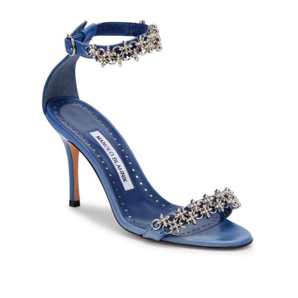 Manila blahnik BLUE REKIK LEATHER CHAIN ANKLE-STRAP SANDALS
